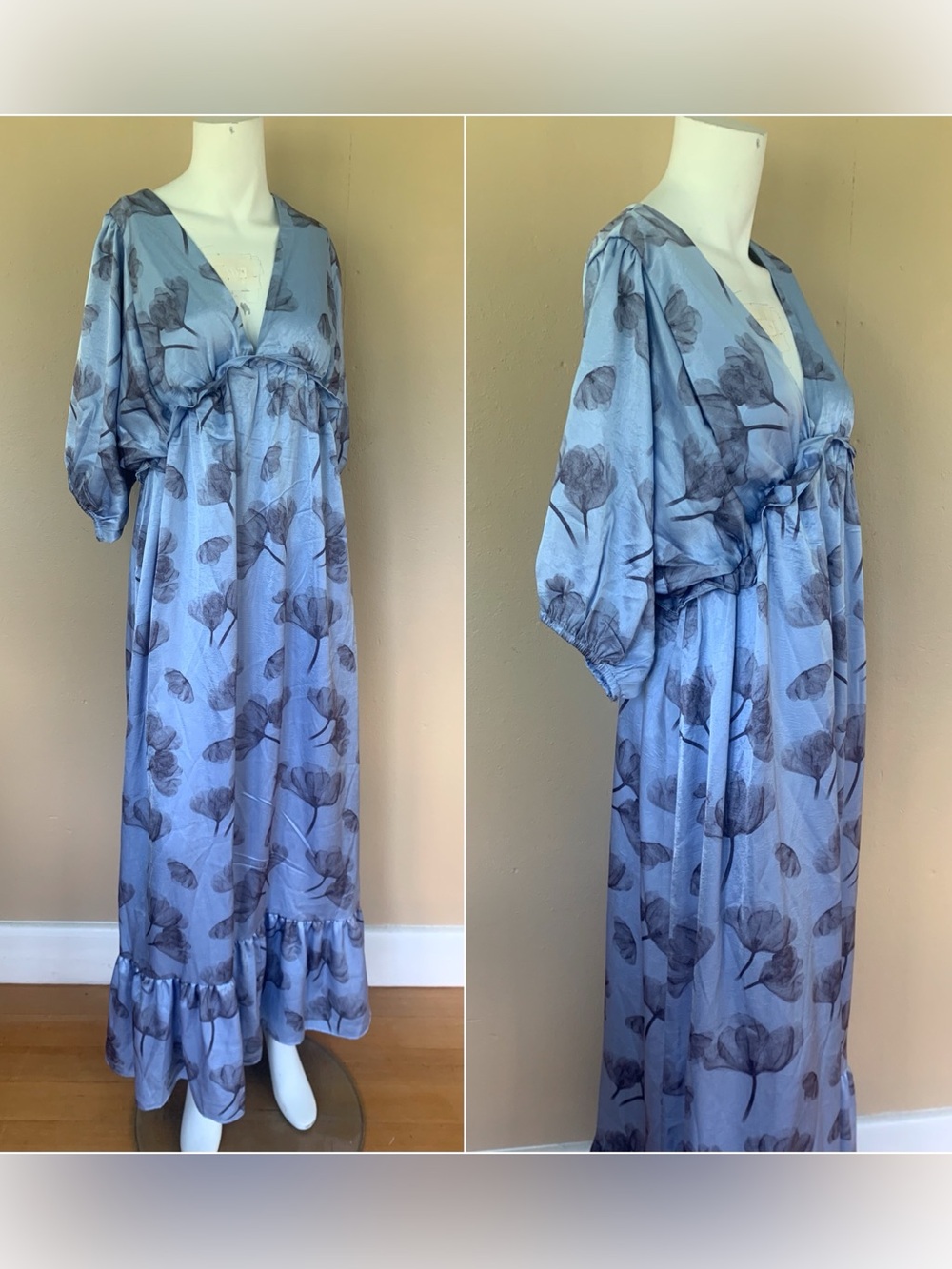 NWT Blue Floral Deep V-Neck Maternity Maxi Dress | Flutter Sleeve Empire Waist